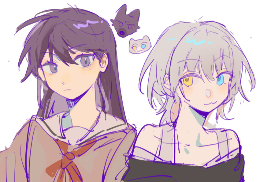 2girls bare_shoulders black_hair character_request copyright_request grey_hair heterochromia highres lingyi long_hair multiple_girls off-shoulder_sweater off_shoulder school_uniform short_hair sketch sweater tagme tank_top violet_eyes white_background