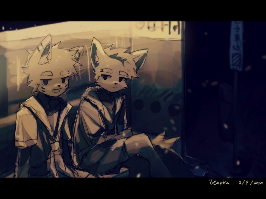 2boys black_eyes bus_stop dark_background dated facial_mark fangs furry furry_male furry_with_furry highres itooku looking_at_another looking_to_the_side multiple_boys original sad school_uniform sitting_on_bench talking watermark white_fur