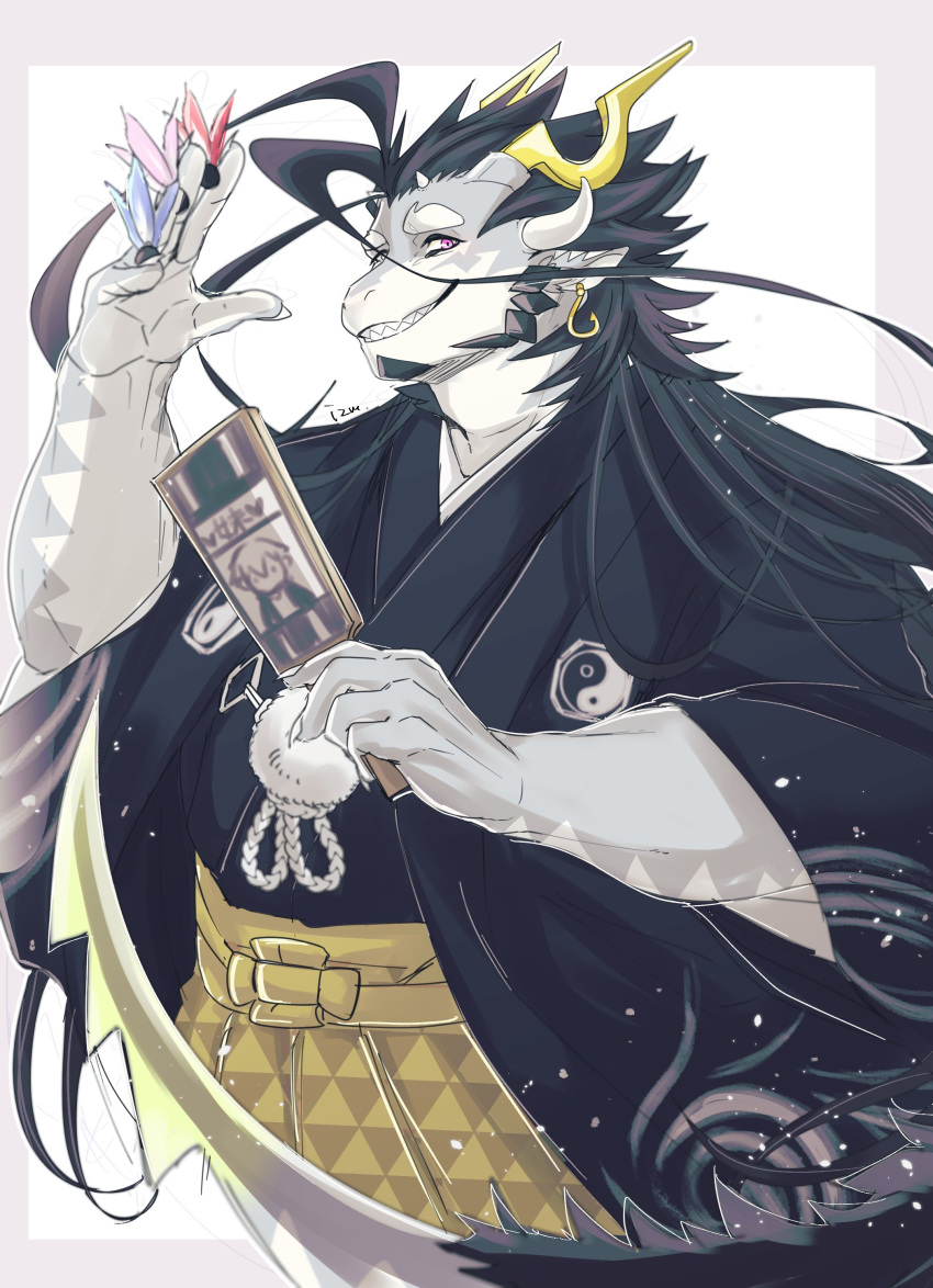 2boys absurdres black_hair claws commentary_request dragon_boy dragon_ears dragon_horns dragon_tail earrings furry furry_male fuxi_(housamo) hagoita hane_(hanetsuki) highres holding holding_paddle horns izm_(izm_rm7) japanese_clothes jewelry kimono looking_at_viewer male_focus multiple_boys new_year paddle protagonist_4_(housamo) red_eyes sharp_teeth signature smile tail teeth tokyo_afterschool_summoners