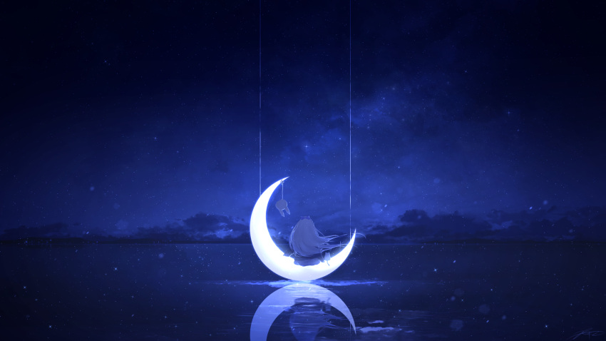 1girl clouds crescent crescent_moon from_behind highres long_hair moon night night_sky ocean original outdoors reflection reflective_water rune_xiao scenery sitting sky solo star_(sky) starry_sky string water white_hair