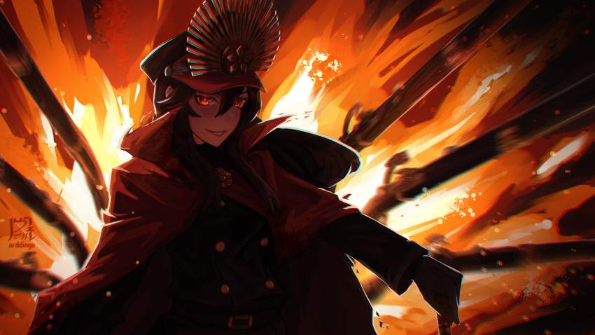 1girl absurdres arddingo black_hair cape family_crest fate/grand_order fate_(series) hair_between_eyes hat highres long_sleeves looking_at_viewer medallion military_hat oda_nobunaga_(fate) oda_uri parted_lips peaked_cap red_background red_cape red_eyes solo upper_body