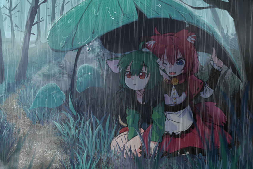 2girls ahoge animal_ear_fluff animal_ears bare_tree blue_eyes character_request closed_mouth commentary commission copyright_request english_commentary forest grass green_hair highres jean_bomjan kneeling leaf_umbrella long_sleeves multiple_girls nature on_grass one_eye_closed open_mouth outdoors rain red_eyes redhead short_hair taking_shelter tree