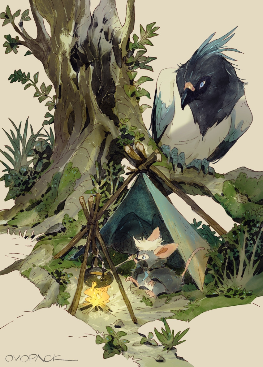 animal animal_focus artist_name bird black_cloak blue_eyes brown_background campfire cloak commentary cooking cooking_pot fire from_above grass highres holding holding_ladle hood hood_down hooded_cloak ladle leaf moss mouse murayama_ryouta no_humans on_grass original outdoors scenery signature sitting tent tree
