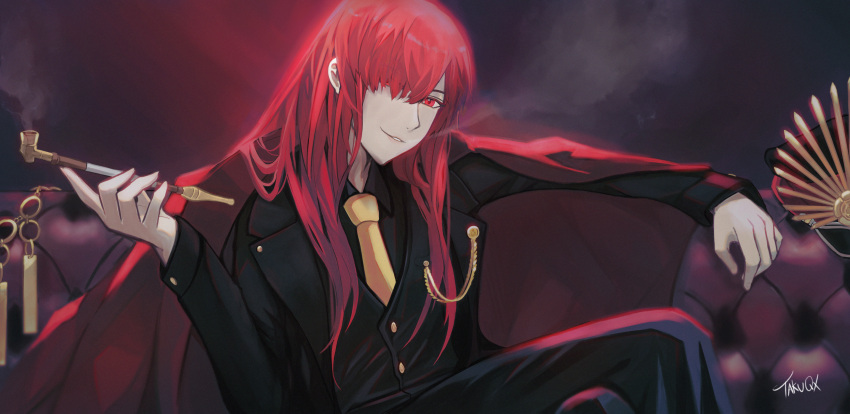 1girl cape chain couch family_crest fate/grand_order fate_(series) formal hand_on_chair hat highres holding holding_smoking_pipe long_hair long_sleeves looking_at_viewer military_hat necktie oda_nobunaga_(fate) oda_nobunaga_(maou_avenger)_(fate) oda_uri on_couch parted_lips red_cape red_eyes redhead sitting smoke smoking smoking_pipe solo sp;p suit taku_(takuqx) yellow_necktie