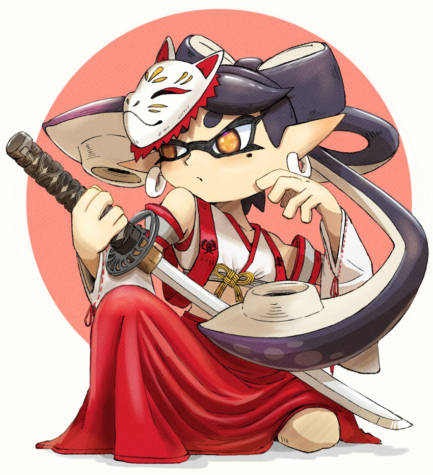 1girl black_hair bow-shaped_hair callie_(splatoon) closed_mouth commentary_request earrings fox_mask full_body highres holding holding_sword holding_weapon hoop_earrings japanese_clothes jewelry long_hair mask mole mole_under_eye on_one_knee orange_eyes pointy_ears red_background solo splatoon_(series) splatoon_1 star-shaped_pupils star_(symbol) sword symbol-shaped_pupils tara_sli tentacle_hair two-tone_background unworn_mask weapon white_background