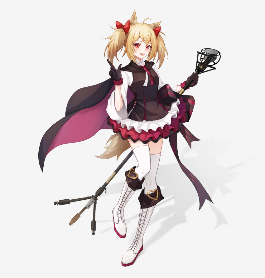1girl 7fan :d absurdres ahoge animal_ears arknights black_cape black_dress black_gloves bow breasts cape dress frilled_dress frills full_body gloves hair_bow highres holding holding_microphone_stand kneehighs long_hair long_sleeves looking_at_viewer microphone_stand open_mouth pink_cape red_bow red_eyes revision shadow simple_background small_breasts smile socks solo sora_(arknights) standing tachi-e tail teeth thigh-highs twintails two-sided_cape two-sided_fabric upper_teeth_only white_background white_footwear white_thighhighs wolf_ears wolf_girl wolf_tail
