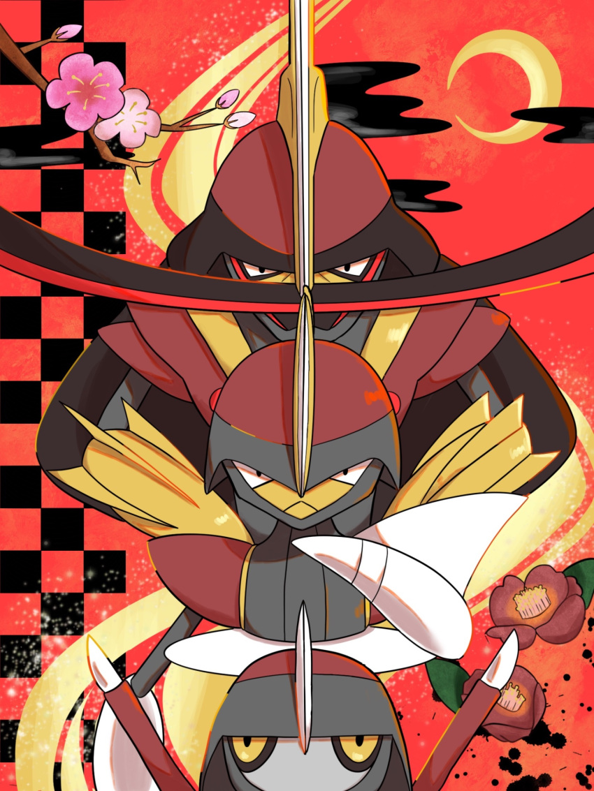 arm_blade bisharp branch closed_mouth commentary_request crescent_moon evolutionary_line flower highres kingambit looking_at_viewer moon pawniard pink_flower pokemon pokemon_(creature) red_background redamber334 weapon yellow_eyes