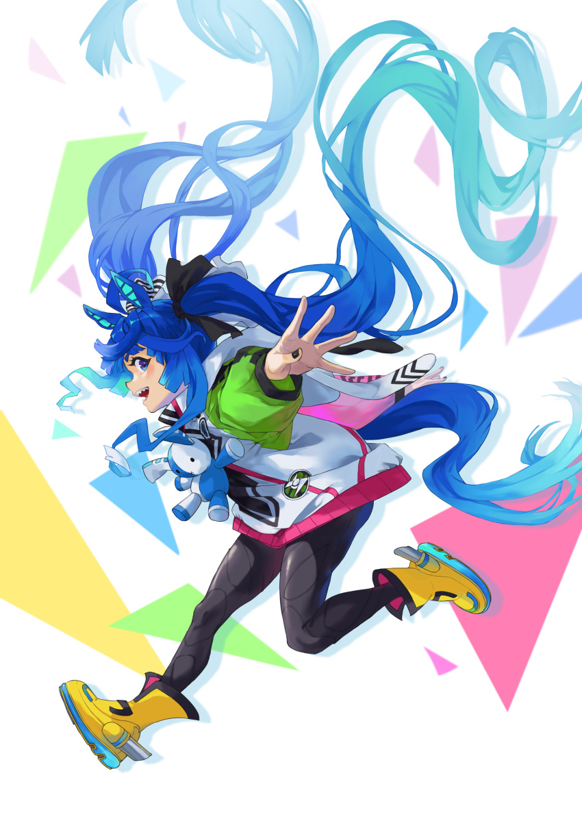 1girl absurdly_long_hair absurdres ahoge animal_ears animal_hood black_leggings black_nails blue_eyes blue_hair boots bow commentary_request crossed_bangs floating_hair from_side full_body hair_bow highres hood hoodie horse_ears horse_girl horse_tail kurosawaprynio leg_up leggings long_hair long_sleeves looking_at_viewer multicolored_background multicolored_clothes multicolored_hoodie nail_polish open_mouth outstretched_arms rabbit_hood sharp_teeth sidelocks sideways_glance solo striped striped_bow stuffed_animal stuffed_rabbit stuffed_toy tail teeth twin_turbo_(umamusume) twintails umamusume very_long_hair white_background yellow_footwear