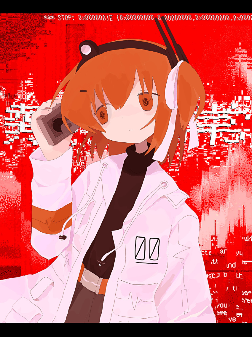 1girl @_@ a.i._voice abstract_background absurdres adachi_rei arm_at_side belt black_shirt brown_skirt cassette_player closed_mouth commentary_request cowboy_shot drawstring error_message expressionless glitch hair_ribbon hand_up head_tilt headlamp highres holding jacket letterboxed long_hair long_sleeves looking_to_the_side netsu_ijou_(utau) no_gloves one_side_up open_clothes open_jacket orange_belt orange_eyes radio_antenna red_background ribbon shino_(4no_0) shirt skirt solo song_name turtleneck utau white_ribbon