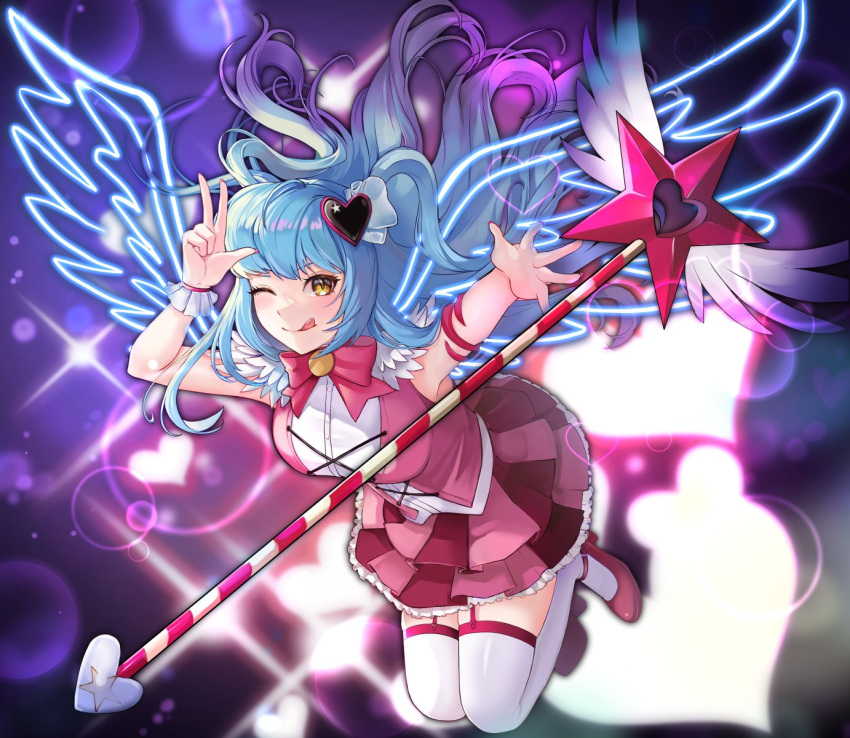 1girl ;q asdf_(rokiru08) blue_hair breasts garter_straps hair_ornament heart heart_hair_ornament highres lobotomy_corporation looking_at_viewer one_eye_closed pink_footwear pink_nails project_moon queen_of_hatred smile solo staff star_(symbol) thigh-highs tongue tongue_out two_side_up w white_thighhighs yellow_eyes