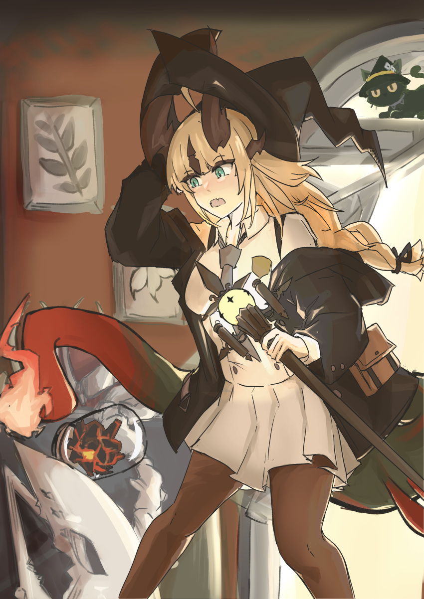 1girl absurdres arknights astrograph21 black_coat black_pantyhose blonde_hair cat coat dragon_girl dragon_horns dragon_tail flame-tipped_tail highres holding holding_staff horns indoors long_hair long_sleeves official_alternate_costume open_clothes open_coat pantyhose pleated_skirt reed_(arknights) reed_the_flame_shadow_(arknights) skirt solo staff tail white_skirt