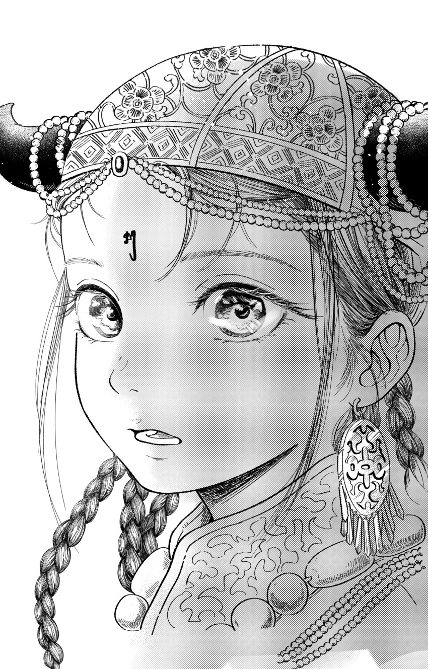 1girl amei_ryo bead_necklace beads braid earrings embroidery eyelashes facial_mark forehead_jewel forehead_mark greyscale hat highres horn_ornament horns horns_through_headwear jewelry long_hair looking_at_viewer monochrome multiple_braids necklace original parted_lips portrait simple_background solo