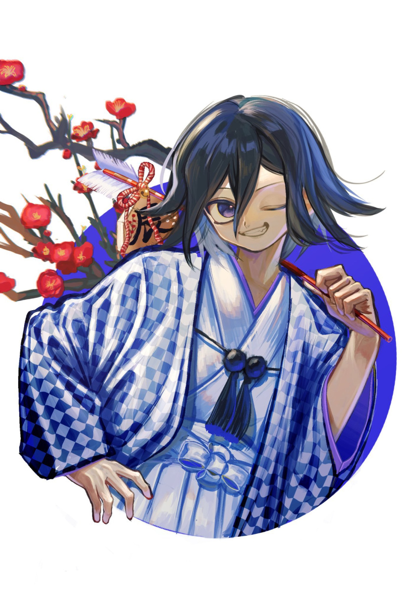 1boy ;d arrow_(projectile) branch checkered_clothes clothing_request cropped_torso danganronpa_(series) danganronpa_v3:_killing_harmony flower foca_(sello20582612) grin hair_between_eyes highres holding holding_arrow japanese_clothes kimono long_sleeves looking_at_viewer oma_kokichi one_eye_closed red_flower smile solo teeth white_background wide_sleeves