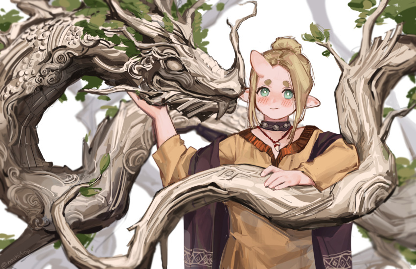 artist_name blonde_hair blush chinese_zodiac choker dragon green_eyes hair_bun happy_new_year horns jewelry leaf nashidrop necklace original outdoors pear_(nashidrop) pointy_ears single_horn skin-covered_horns standing thick_eyebrows tooth_necklace tree white_background year_of_the_dragon