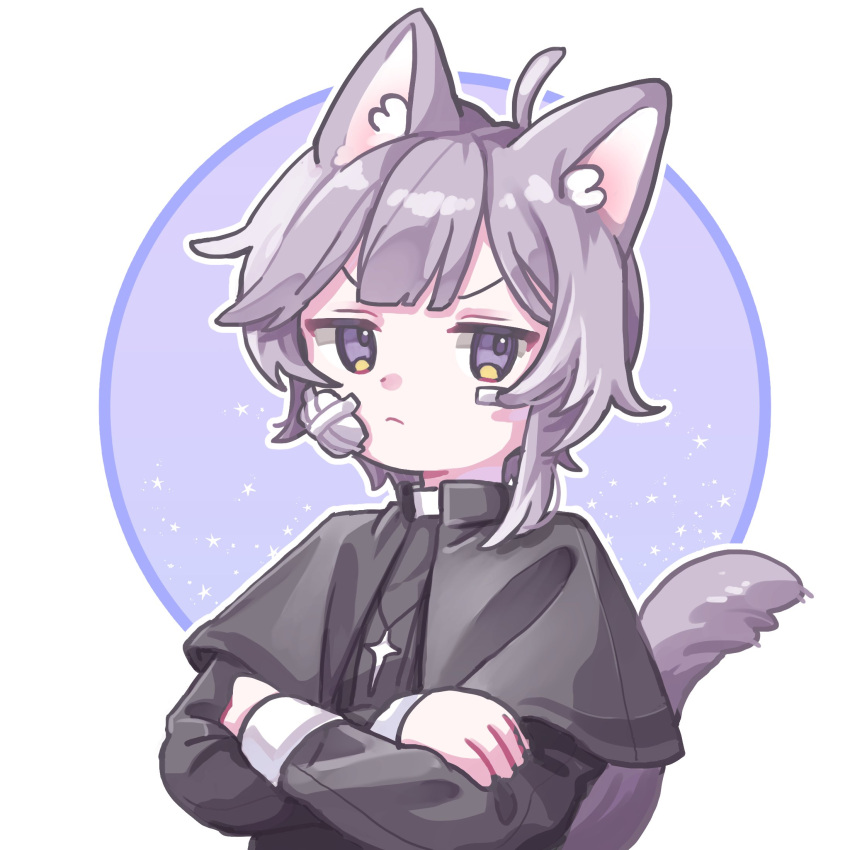 &gt;:( 1boy androgynous animal_ears asymmetrical_hair black_capelet capelet cat_ears cat_tail cross cross_necklace crossed_arms happy_saint_sheol highres jewelry looking_at_viewer necklace priest purple_hair sali_hssh securett_rafe short_hair simple_background tail upper_body v-shaped_eyebrows violet_eyes