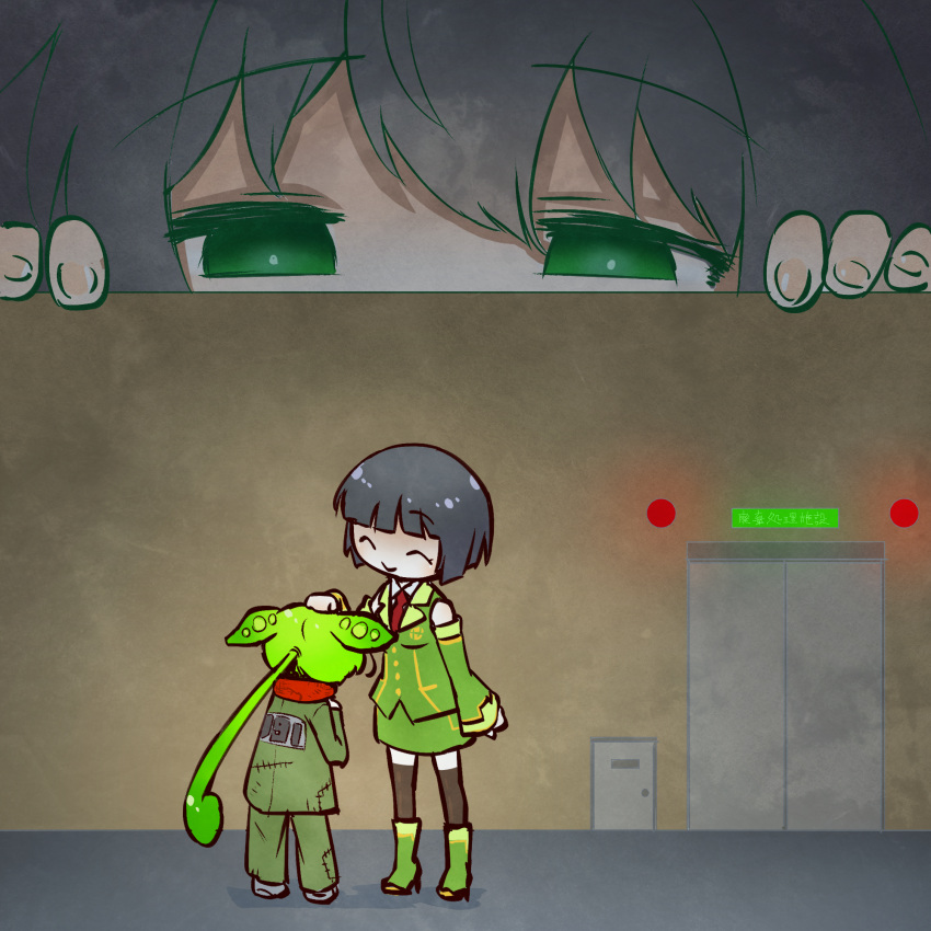2girls ^_^ black_hair black_thighhighs bob_cut boots closed_eyes closed_mouth commentary_request detached_sleeves facing_away false_smile green_eyes green_footwear green_hair green_jacket green_skirt green_sleeves headpat height_difference high_heel_boots high_heels highres jacket kuron_(uhhr2odhrppc5nw) kyoumachi_seika long_hair long_sleeves looking_at_another low_ponytail multiple_girls multiple_views neck_warmer necktie patchwork_clothes peeking_out red_necktie short_hair skirt sleeveless sleeveless_jacket sliding_doors smile standing suit_jacket thigh-highs very_long_hair voiceroid voicevox zundamon