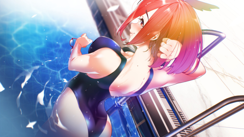 1girl arm_behind_head arm_up ass bare_shoulders blunt_bangs blush bob_cut breasts collarbone day dutch_angle from_above game_cg hair_ornament hair_tucking hairband highres holding holding_removed_eyewear joo_mi-ra light_smile looking_at_viewer looking_back medium_breasts miracle_snack_shop mole mole_on_neck mole_under_eye neck non-web_source official_art orange_eyes orange_hair pink_lips pool poolside raised_eyebrows red-framed_eyewear short_hair smile solo standing sunlight swimsuit ukero unworn_eyewear water wet wet_clothes wet_swimsuit winged_hair_ornament winged_hairband