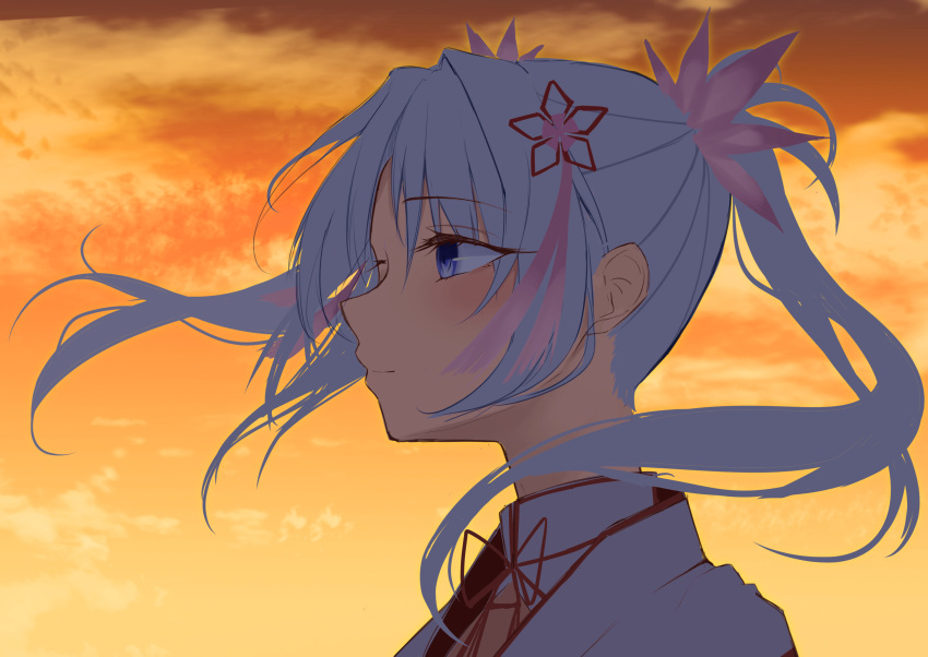 1girl blue_eyes blush close-up closed_mouth commentary_request eyelashes eyes_visible_through_hair floating_hair flower from_side hair_between_eyes hair_flower hair_ornament highres light_smile long_hair looking_afar mkn_yu nose orange_sky outdoors pink_flower profile senren_banka sky solo sunset tomotake_yoshino twintails white_hair