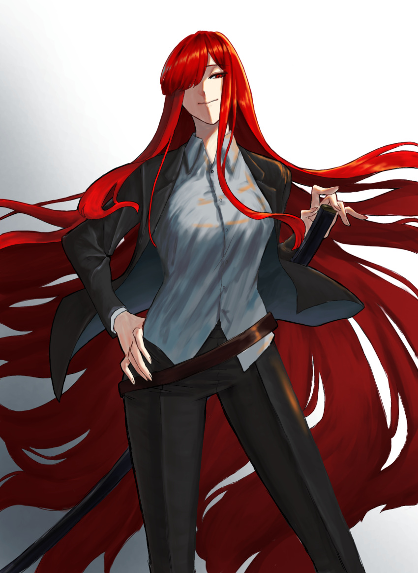 1girl alternate_costume black_pants fate_(series) full_body hair_over_one_eye hand_on_own_hip highres holding holding_sword holding_weapon hoshiumi_0369 jacket light_smile long_hair long_sleeves looking_at_viewer oda_nobunaga_(fate) oda_nobunaga_(maou_avenger)_(fate) open_clothes open_jacket pants red_eyes redhead shirt simple_background solo sword very_long_hair weapon white_background