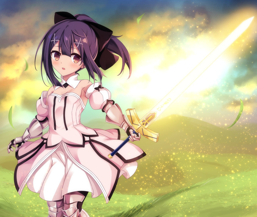 1girl armor armored_dress artoria_pendragon_(fate) black_hair black_thighhighs blush brown_eyes commentary_request cosplay dot_nose dress fate/kaleid_liner_prisma_illya fate_(series) grass hair_ornament hairclip highres holding holding_sword holding_weapon leg_armor loli long_hair looking_at_viewer miyu_edelfelt morokoshi_(tekku) open_mouth outdoors puffy_sleeves revision saber_lily saber_lily_(cosplay) solo standing strapless sword thigh-highs weapon white_dress x_hair_ornament