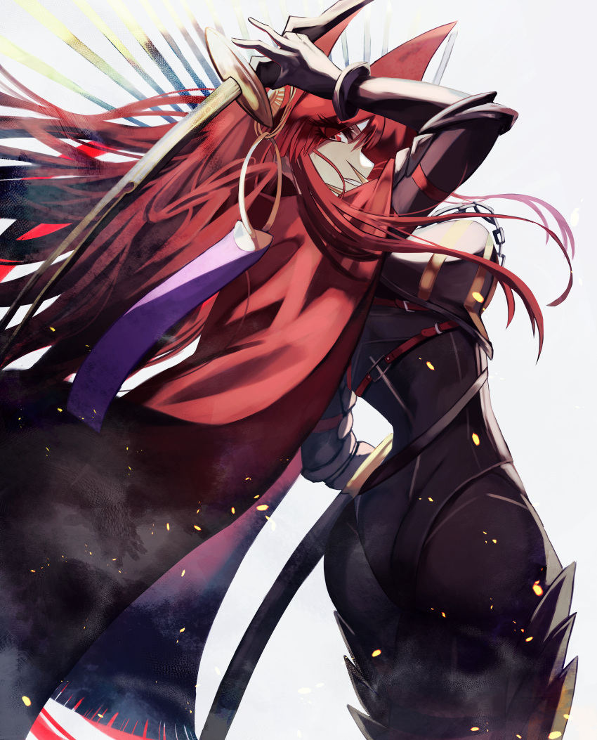 1girl absurdres ass back black_bodysuit bodysuit cape chain collared_cape cowboy_shot fate/grand_order fate_(series) from_behind grin hair_over_one_eye highres holding holding_sword holding_weapon katana long_hair looking_at_viewer looking_back m0_chi oda_nobunaga_(fate) oda_nobunaga_(maou_avenger)_(fate) popped_collar red_cape red_eyes redhead simple_background smile solo sword tight_top weapon white_background