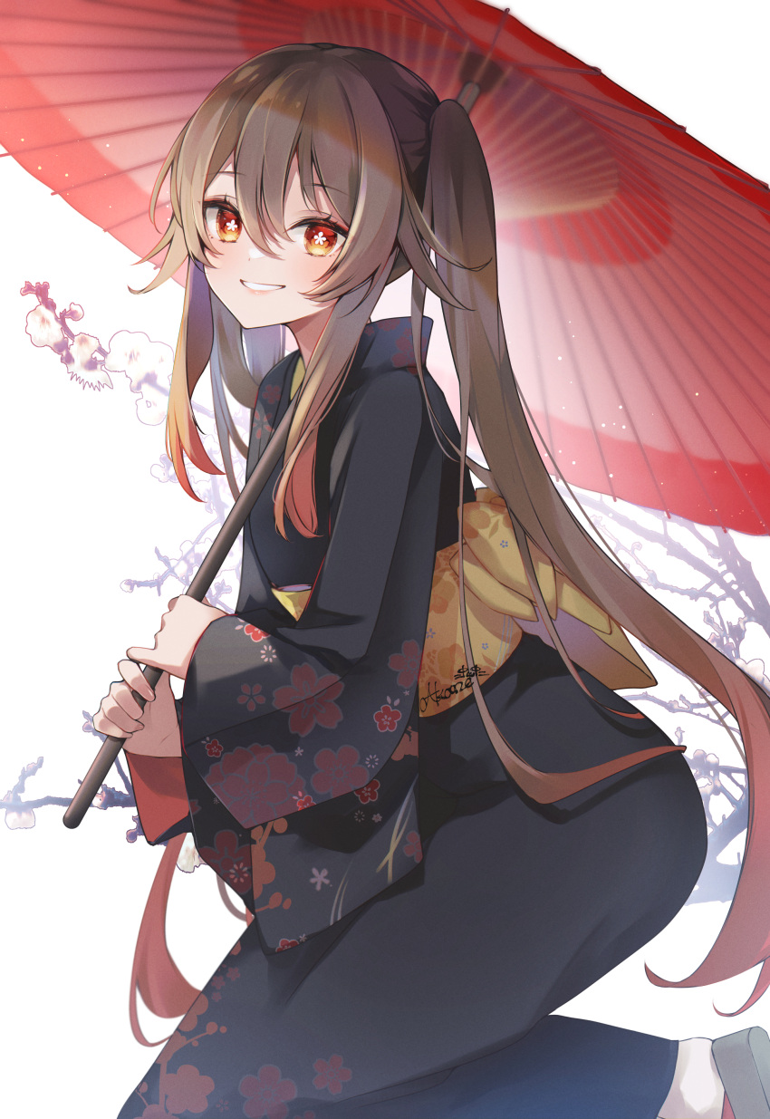 1girl 7aka_ne11 absurdres alternate_costume artist_name black_kimono brown_hair commentary_request floral_print flower-shaped_pupils foot_out_of_frame genshin_impact grin highres holding holding_umbrella hu_tao_(genshin_impact) japanese_clothes kimono long_hair long_sleeves looking_at_viewer obi oil-paper_umbrella red_eyes redhead sash smile solo symbol-shaped_pupils twintails umbrella very_long_hair