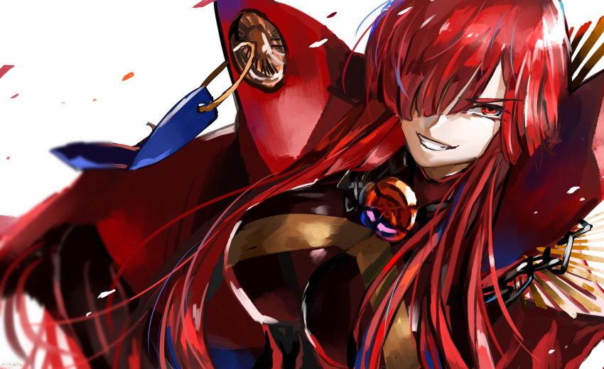 1girl absurdres black_bodysuit bodysuit cape chain collared_cape dutch_angle evil_smile family_crest fate/grand_order fate_(series) grin hair_over_one_eye highres kansya looking_up medallion oda_nobunaga_(fate) oda_nobunaga_(maou_avenger)_(fate) oda_uri popped_collar red_cape red_eyes redhead simple_background smile solo tight_top white_background