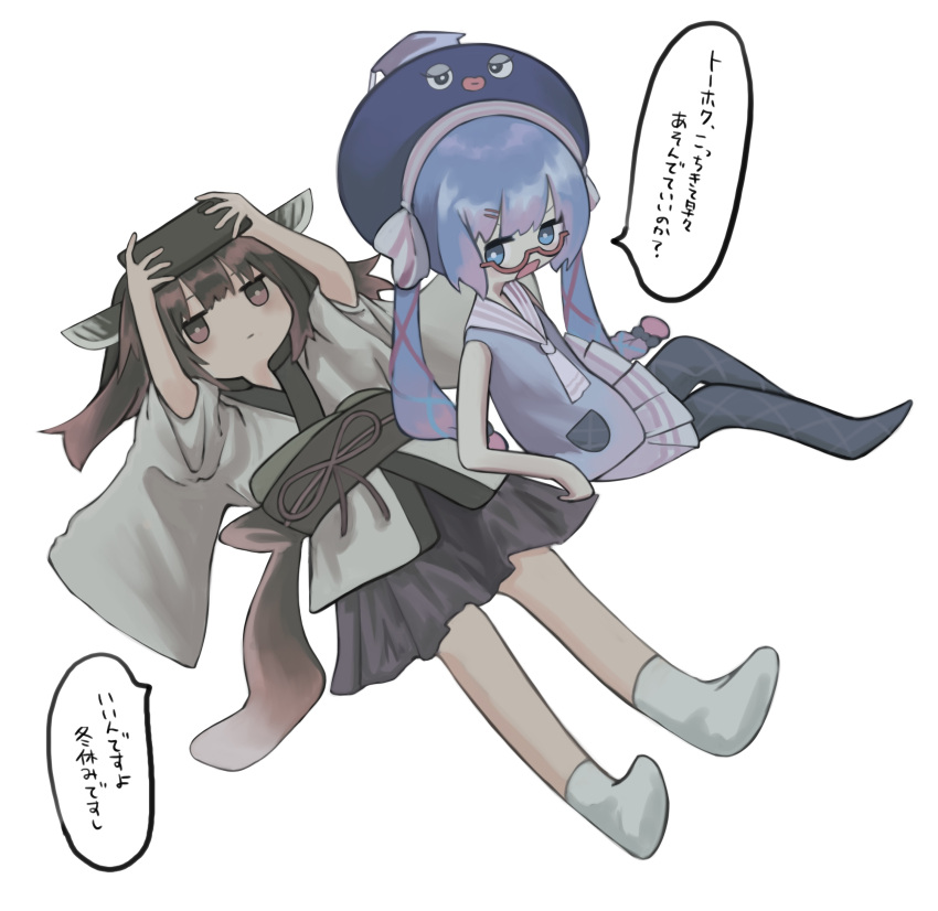 2girls absurdres arms_up ascot black_pantyhose blue_eyes blue_hair bright_pupils brown_eyes brown_hair cellphone closed_mouth commentary_request eel_hat expressionless from_above full_body glasses hakumai_(vnbnvnn) highres holding holding_phone japanese_clothes jitome kimono leaning_on_person long_hair looking_back lying multiple_girls no_shoes obi obijime on_back otomachi_una otomachi_una_(talkex) pantyhose phone photo-referenced pleated_skirt purple_skirt sailor_collar sash shirt short_kimono sitting skirt sleeveless sleeveless_shirt smartphone socks speech_bubble talkex touhoku_kiritan twintails v-shaped_eyebrows vocaloid voiceroid white_ascot white_kimono white_pupils white_sailor_collar white_socks wide_sleeves