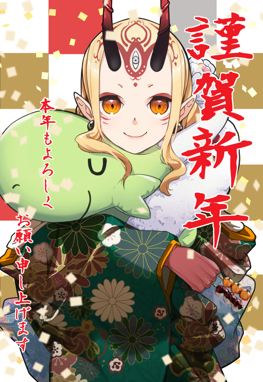 1girl blonde_hair chinese_zodiac commentary_request dango earrings eyeliner facial_mark fate/grand_order fate_(series) food forehead_mark fur_collar happy_new_year highres horns ibaraki_douji_(fate) japanese_clothes jewelry kimono long_hair looking_at_viewer makeup oni oni_horns orange_eyes pointy_ears smile solo stuffed_animal stuffed_dragon stuffed_toy terasako upper_body wagashi year_of_the_dragon