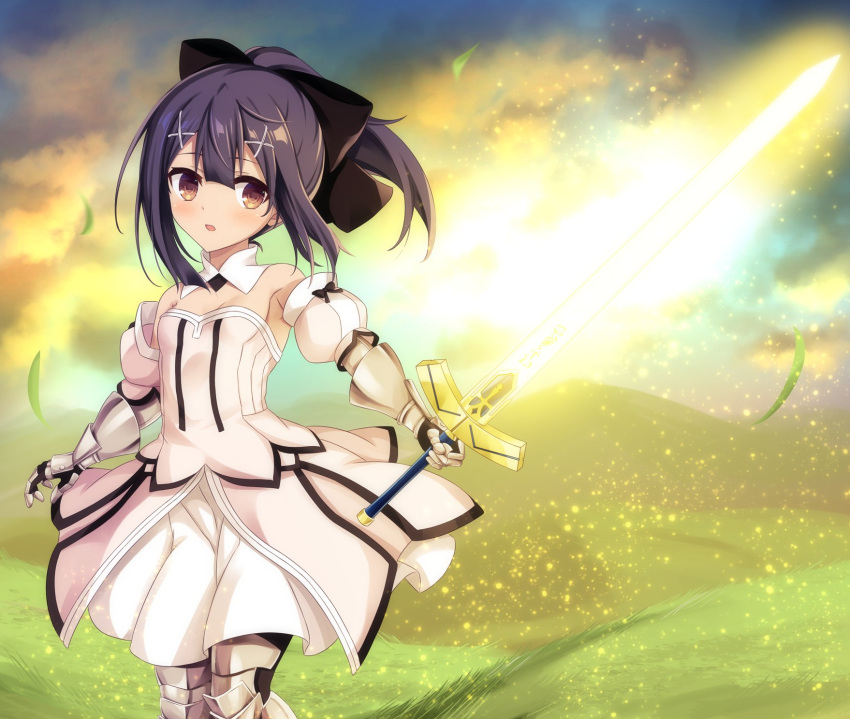 1girl armor armored_dress artoria_pendragon_(fate) black_hair black_thighhighs blush brown_eyes commentary_request cosplay dot_nose dress fate/kaleid_liner_prisma_illya fate_(series) grass hair_ornament hairclip highres holding holding_sword holding_weapon leg_armor long_hair looking_at_viewer miyu_edelfelt morokoshi_(tekku) open_mouth outdoors puffy_sleeves saber_lily saber_lily_(cosplay) solo standing strapless sword thigh-highs weapon white_dress x_hair_ornament