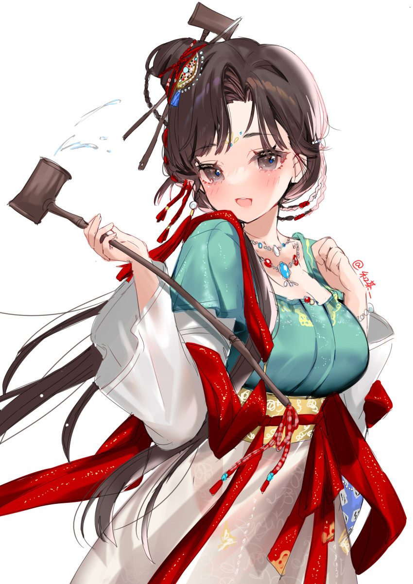 1girl :d absurdres artist_name black_eyes black_hair blush breasts chinese_clothes chinese_hairpin dipper facial_mark forehead_mark green_shirt hair_bun hair_ornament hands_up hanfu hecha_(01964237) highres holding holding_spoon jewelry jiu_niangzi layered_sleeves long_hair long_skirt long_sleeves looking_at_viewer necklace red_shawl reverse:1999 shawl shirt short_over_long_sleeves short_sleeves signature single_side_bun sketch skirt smile solo spill spoon tassel tassel_hair_ornament upper_body white_background white_sleeves yellow_skirt