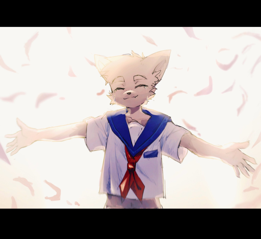 1boy closed_eyes crying fang feathers furry furry_male highres itooku original red_scarf scarf school_uniform skin_fang thick_eyebrows white_background white_feathers white_fur wolf_boy