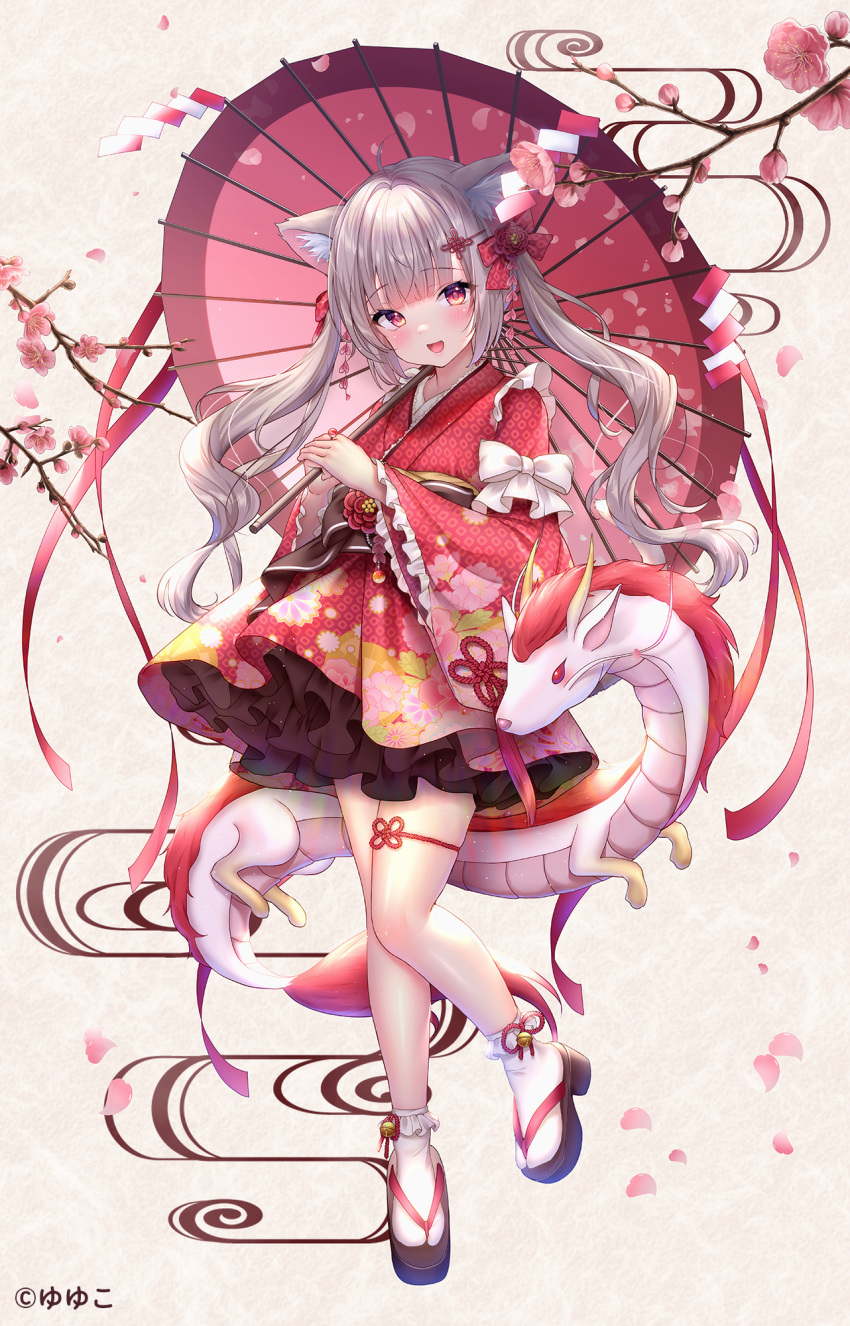 1girl :d animal_ear_fluff animal_ears ankle_bell bell black_footwear blush bow cat_ears chinese_zodiac commentary_request egasumi frilled_sleeves frills hair_bow highres holding holding_umbrella japanese_clothes jingle_bell kimono lolita_fashion long_hair long_sleeves looking_at_viewer obi oil-paper_umbrella original red_bow red_eyes red_kimono red_umbrella sash sidelocks smile socks solo tabi twintails umbrella very_long_hair wa_lolita white_socks wide_sleeves year_of_the_dragon yuyuko_(yuyucocco) zouri