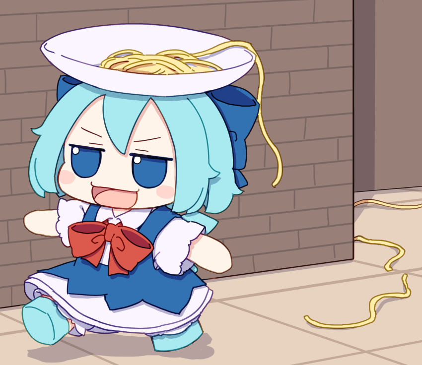 1girl blue_bow blue_dress blue_eyes blue_footwear blue_hair blush_stickers bow cirno collared_shirt dress fairy food full_body fumo_(doll) hair_bow highres ice ice_wings kame_(kamepan44231) open_mouth pasta plate shirt shoes short_hair short_sleeves smile solo touhou white_shirt wings