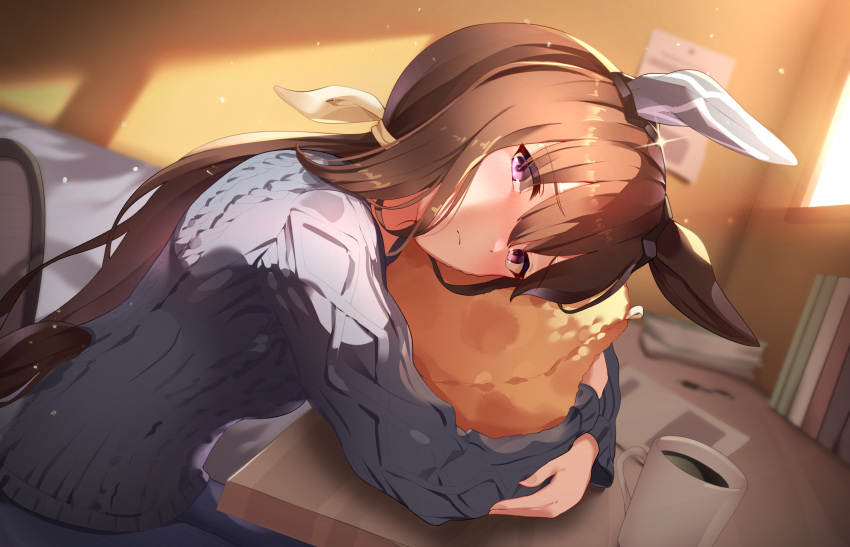 1girl admire_vega_(umamusume) animal_ears blue_sweater blurry brown_hair casual coffee_mug cup cushion depth_of_field ear_covers from_side hair_ribbon highres horse_ears horse_girl long_hair long_sleeves looking_at_viewer low_ponytail mug open_mouth ribbon single_ear_cover solo sunny_(20597521) sweater tail tail_through_clothes umamusume violet_eyes white_ribbon