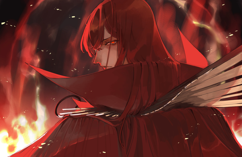 1girl cape collared_cape fate/grand_order fate_(series) fire glaring gotronix hair_over_one_eye long_hair looking_at_viewer looking_back oda_nobunaga_(fate) oda_nobunaga_(maou_avenger)_(fate) portrait red_cape red_eyes red_theme redhead solo