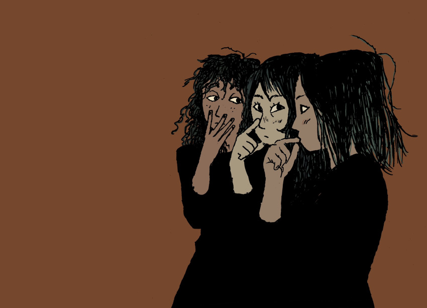3girls black_dress black_hair blending brown_background dress hand_on_own_face hand_to_own_mouth highres kumerish looking_at_viewer looking_to_the_side multiple_girls original simple_background standing three_monkeys upper_body
