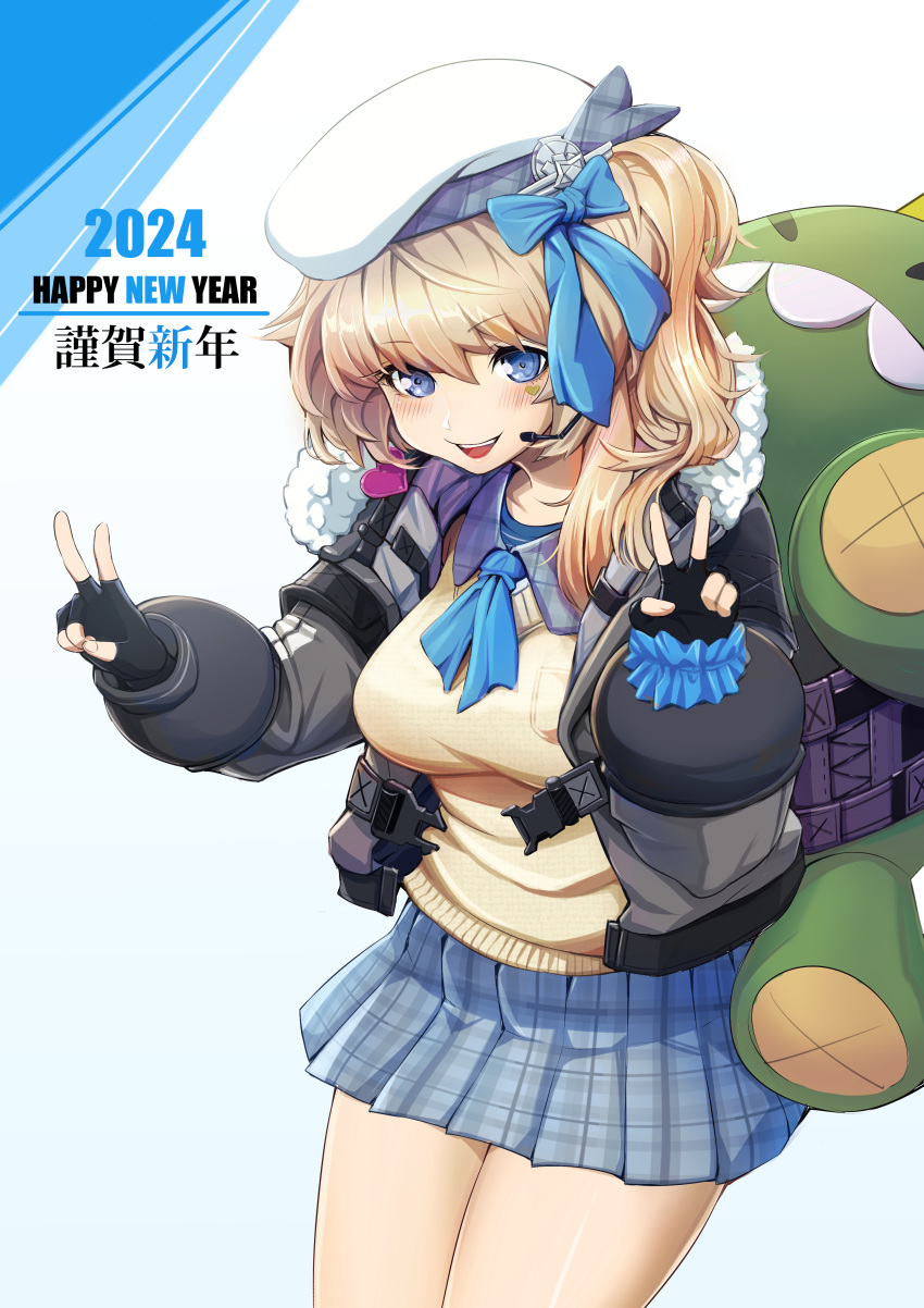 1girl 2024 absurdres animal_bag backpack bag beret black_gloves blonde_hair blue_bow blue_eyes blush bow cardigan cowboy_shot double_v fingerless_gloves fur-trimmed_jacket fur_trim girls'_frontline_2:_exilium girls_frontline gloves hair_bow happy_new_year hat highres ichi_illust001 jacket long_hair looking_at_viewer open_clothes open_jacket open_mouth plaid plaid_skirt pleated_skirt skirt smile teeth upper_teeth_only v vepley_(girls'_frontline_2) white_headwear yellow_cardigan