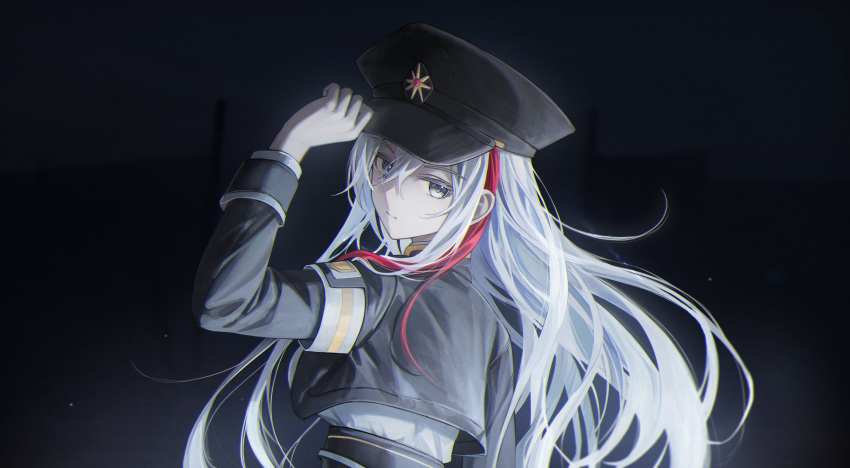 1girl 86_-eightysix- adjusting_clothes adjusting_headwear armband black_jacket breasts closed_mouth commentary cropped_jacket flippy_(cripine111) gloves grey_eyes hair_between_eyes hat highres jacket large_breasts long_hair looking_at_viewer military_hat military_jacket military_uniform multicolored_hair peaked_cap redhead shirt solo streaked_hair underbust uniform vladilena_millize white_gloves white_hair white_shirt