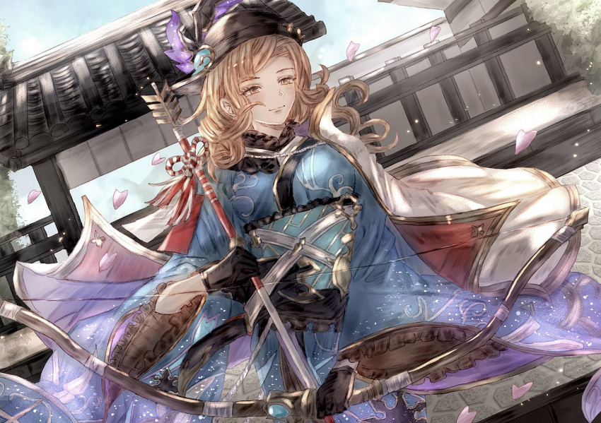 1girl arrow_(projectile) black_gloves black_headwear blue_kimono blue_sky bow_(weapon) brown_eyes brown_hair closed_mouth commentary_request falling_petals gloves granblue_fantasy hamaya hat_ornament holding holding_arrow japanese_clothes kimono light_smile long_hair looking_ahead muramitsu_(d3jgv) new_year official_alternate_costume outdoors petals print_kimono shrine sky solo tweyen_(granblue_fantasy) tweyen_(twilight_ties_kimono)_(granblue_fantasy) weapon wide_sleeves winged_hat