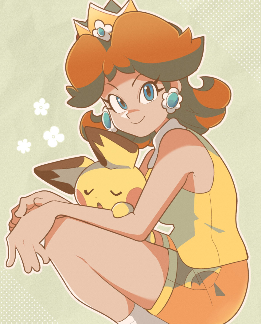 1girl 1other arms_on_knees blue_eyes border breasts brown_hair closed_eyes crossover crown dotted_background earrings eyelashes flower flower_earrings from_side green_background highres jewelry looking_at_viewer loveycloud open_mouth orange_shorts pichu pokemon pokemon_(creature) princess_daisy shirt shorts sleeping sleeping_on_person sleeveless sleeveless_shirt smile socks super_mario_bros. white_border yellow_shirt