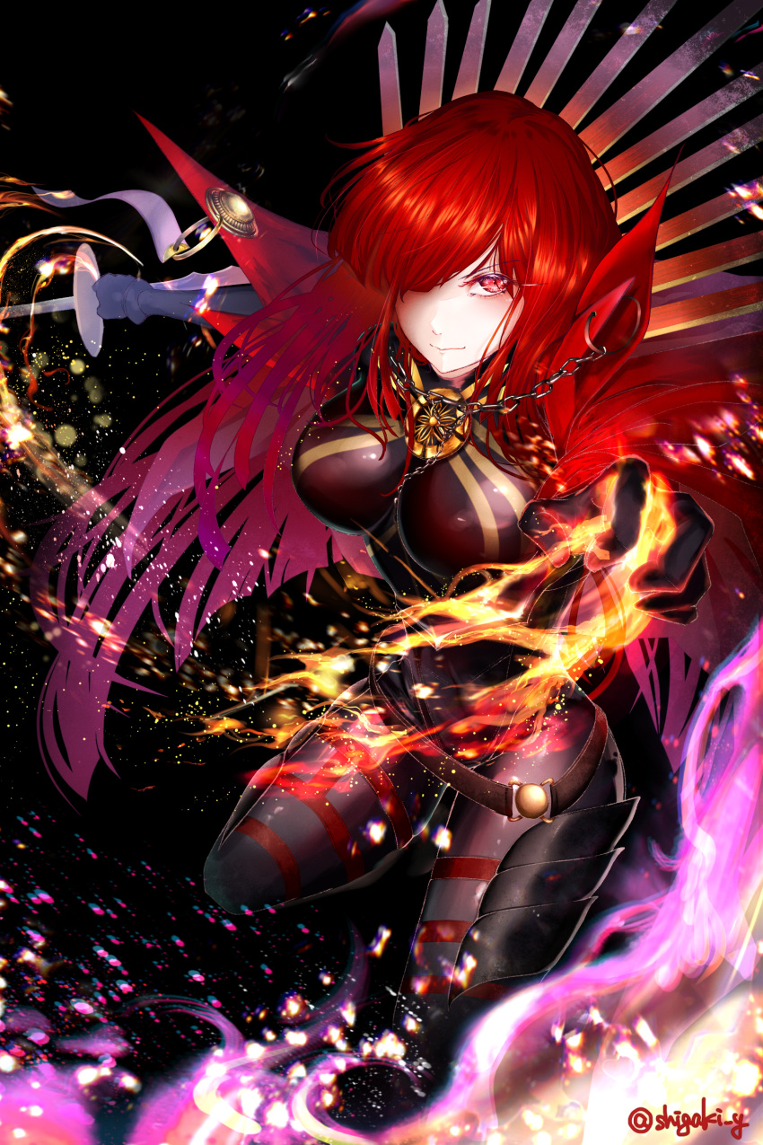 1girl absurdres black_background black_bodysuit bodysuit cape chain collared_cape family_crest fate/grand_order fate_(series) fire full_body hair_over_one_eye highres holding holding_sword holding_weapon katana medallion oda_nobunaga_(fate) oda_nobunaga_(maou_avenger)_(fate) oda_uri popped_collar pyrokinesis red_cape red_eyes redhead shigaki simple_background solo sword tight_top twitter_username weapon