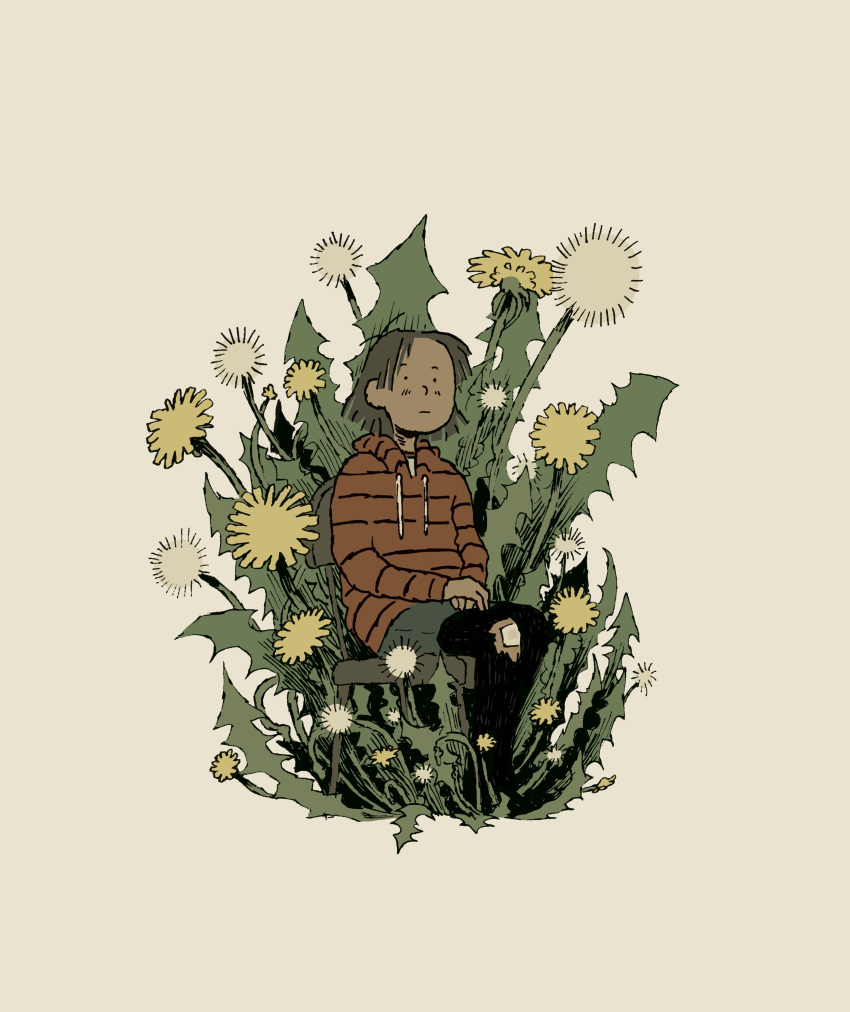1girl absurdres brown_hair chair commentary dandelion english_commentary flower highres hood hoodie kumerish looking_at_viewer original oversized_plant own_hands_together plant red_hoodie short_hair simple_background sitting yellow_background