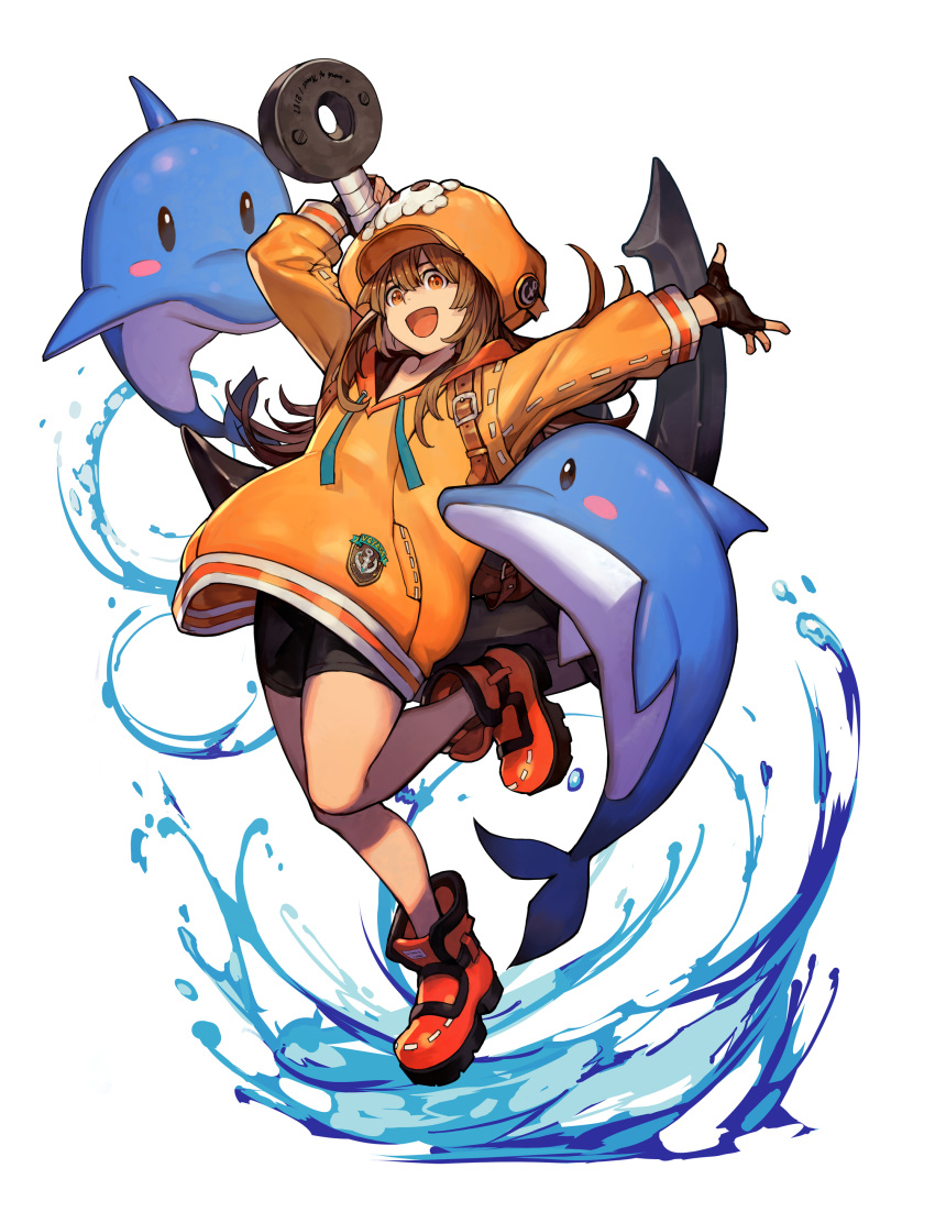 1girl absurdres anchor bike_shorts cabbie_hat dolphin fingerless_gloves gloves guilty_gear guilty_gear_strive hankuri hat hat_ornament highres holding holding_anchor hood hoodie jacket may_(guilty_gear) orange_footwear orange_headwear orange_hoodie orange_jacket orange_shirt shirt simple_background skull_and_crossbones skull_hat_ornament solo white_background
