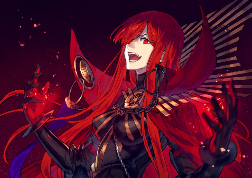 1girl black_bodysuit bodysuit cape chain collared_cape family_crest fate/grand_order fate_(series) hair_over_one_eye highres kusano_shinta looking_at_viewer medallion oda_nobunaga_(fate) oda_nobunaga_(maou_avenger)_(fate) oda_uri open_mouth popped_collar red_cape red_eyes red_theme redhead solo teeth tight_top upper_body