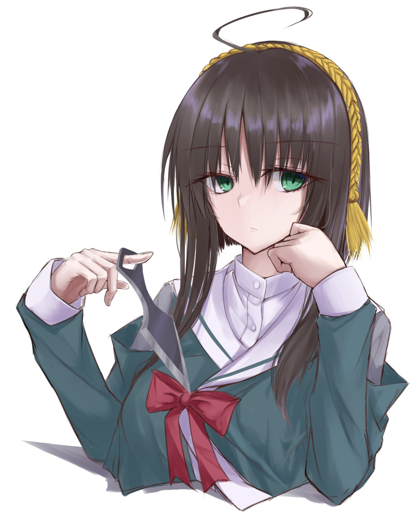 1girl ahoge black_hair bow clenched_hand closed_mouth commentary_request cropped_torso expressionless eyes_visible_through_hair green_eyes hair_between_eyes hair_ornament hands_up highres hitachi_mako holding holding_weapon kunai long_sleeves looking_at_viewer mkn_yu red_bow sailor_collar school_uniform senren_banka short_hair_with_long_locks simple_background solo straight_hair tassel tassel_hair_ornament tsurime weapon white_background white_sailor_collar yellow_tassel