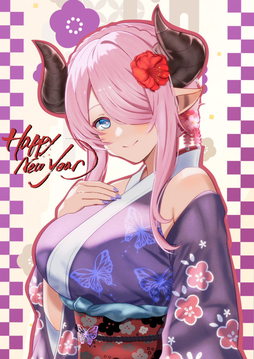 1girl alternate_costume alternate_hairstyle blue_eyes breasts closed_mouth commentary_request detached_sleeves draph flower granblue_fantasy hair_bun hair_flower hair_ornament hair_over_one_eye hand_on_own_chest happy_new_year highres hilda_sakura horns japanese_clothes kimono large_breasts long_hair narmaya_(granblue_fantasy) obi obijime purple_hair purple_kimono purple_nails purple_sleeves sash simple_background sleeveless sleeveless_kimono smile solo