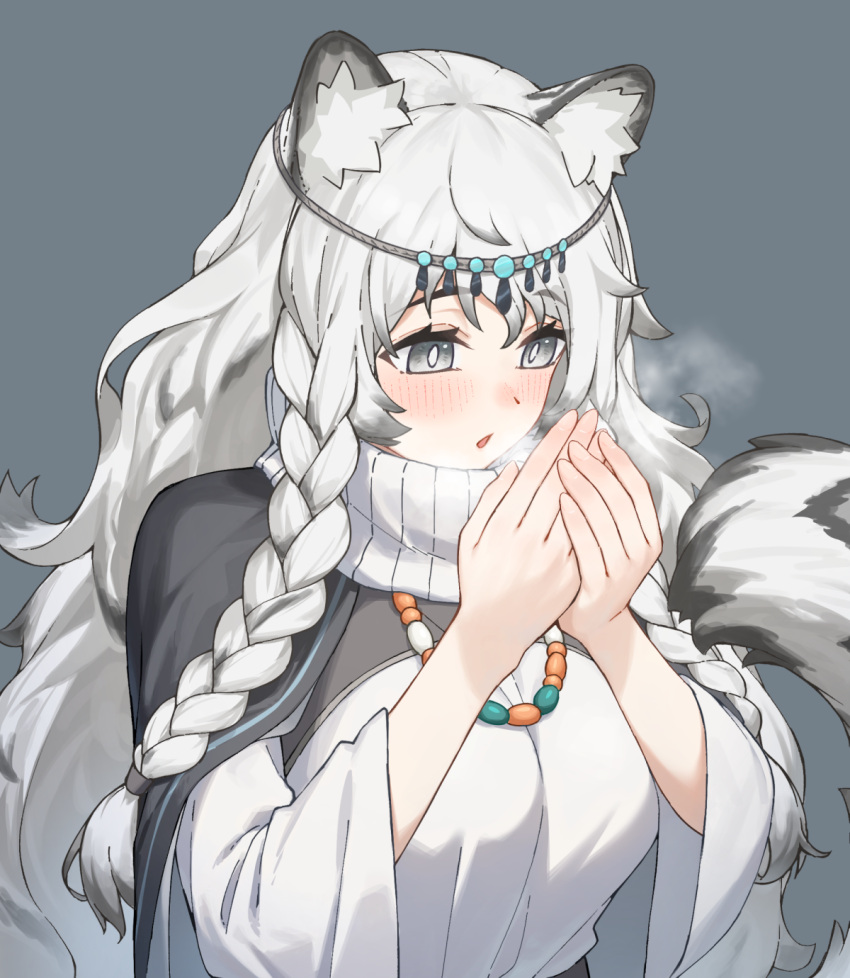 1girl allen.n animal_ear_fluff animal_ears arknights black_cape blush breasts breath breathing_on_hands bright_pupils cape dress grey_background grey_eyes highres large_breasts leopard_ears leopard_girl leopard_tail long_hair open_mouth pramanix_(arknights) simple_background solo tail tiara turtleneck upper_body very_long_hair white_dress white_hair white_pupils