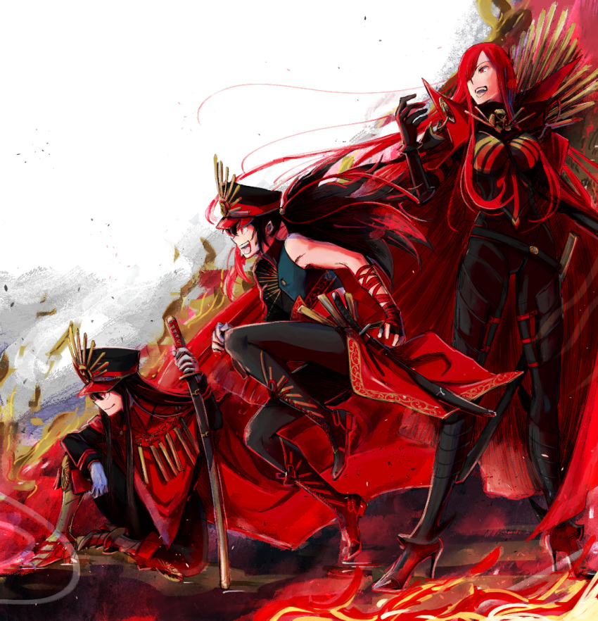 1other 2girls armored_boots asymmetrical_clothes black_bodysuit bodysuit boots cape chain collared_cape family_crest fate/grand_order fate_(series) fire hair_over_one_eye hat high_heels katana medallion military_hat multiple_girls multiple_persona oda_kippoushi_(fate) oda_nobunaga_(fate) oda_nobunaga_(maou_avenger)_(fate) oda_uri peaked_cap popped_collar raikou_(symposion) red_cape red_eyes redhead single_sleeve sitting standing sword tight_top weapon