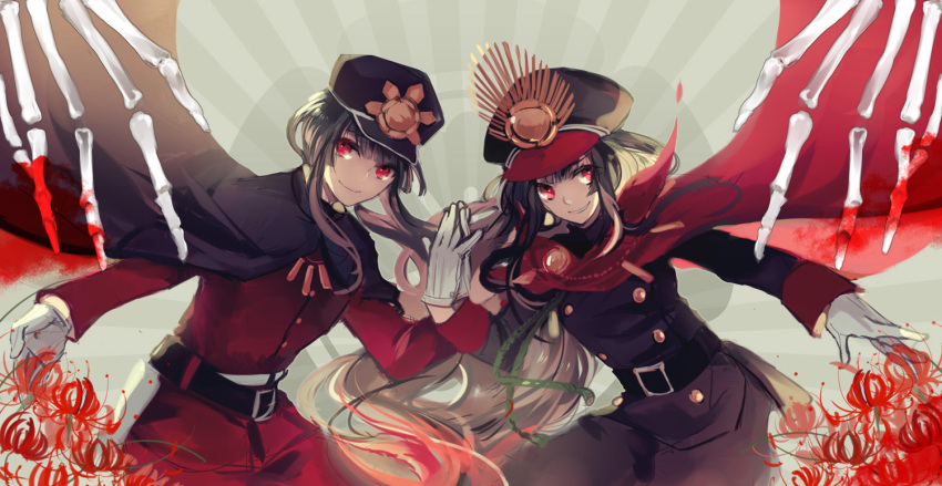 1boy 1girl belt black_cape brother_and_sister cape cowboy_shot family_crest fate/grand_order fate_(series) fiery_hair flower gloves hat holding_hands jikei locked_arms long_sleeves looking_at_viewer low_ponytail medallion military_hat oda_nobukatsu_(fate) oda_nobunaga_(fate) oda_nobunaga_(koha-ace) oda_uri otoko_no_ko parted_lips red_cape red_eyes shako_cap siblings sidelocks skeleton smile spider_lily white_gloves
